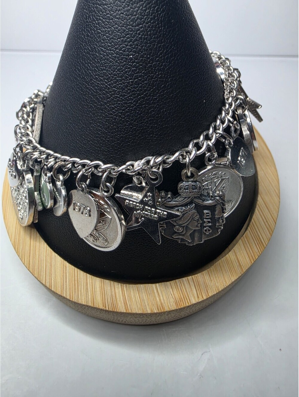 Vintage Beta Sigma Phi Sorority Charm Bracelet Silver Tone 30 charms